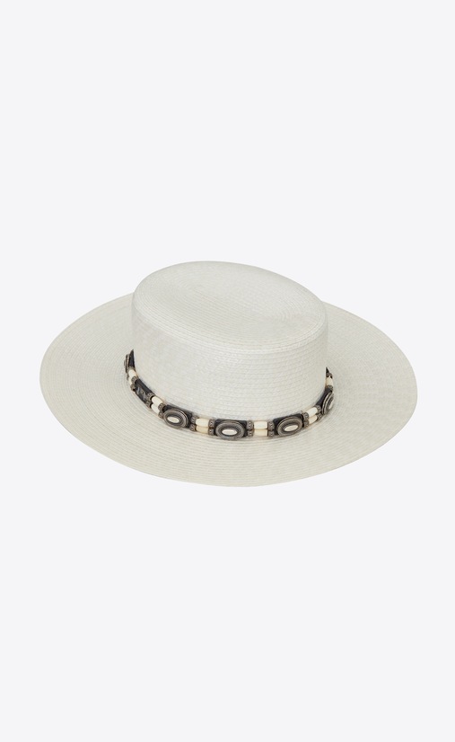 Large boater hat in varnished straw
